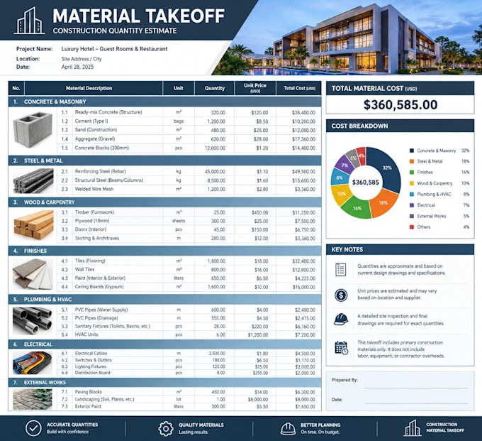 provide construction cost estimation,building quantity survey, material takeoff