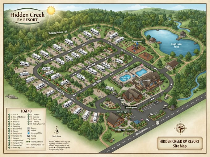 design rv park maps, campground layouts, campsite and visitor navigation