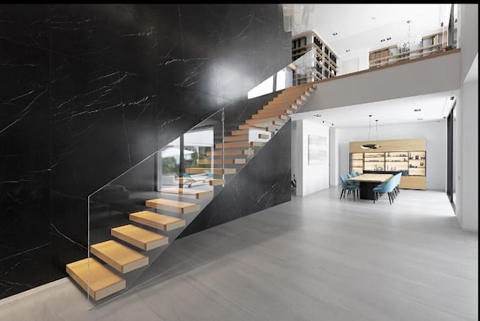 create modern staircase design, 3d model, railing and realistic render