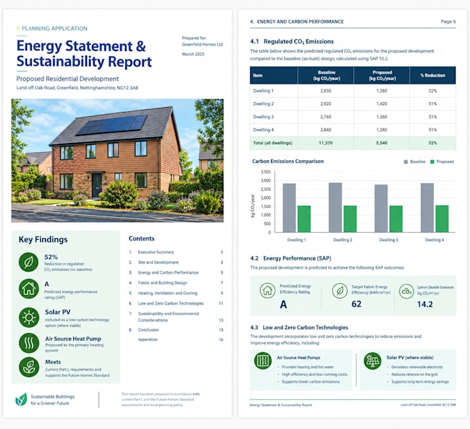 write a planning energy statement, sustainability report UK, energy efficiency