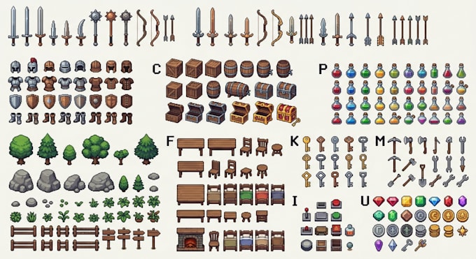 create custom pixel art 2d game assets, sprites, props, items, retro game assets
