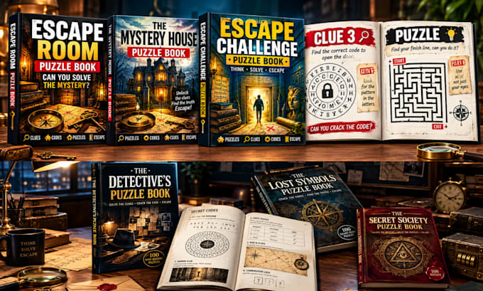 design escape room puzzle books, activity pages, and interactive website puzzles