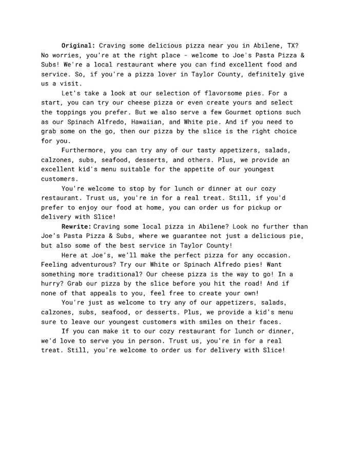 rewrite your homepage, about section, or business description