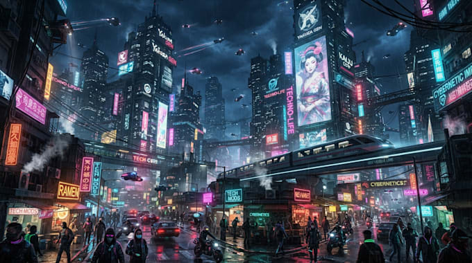 make landscape or city in cyberpunk style