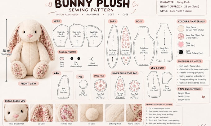 design custom plush sewing pattern for plush toy stuffed ready for production