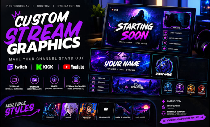 design custom twitch overlay, stream package, kick graphics and banners