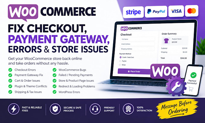 fix woocommerce checkout, payment gateway, errors and store issues