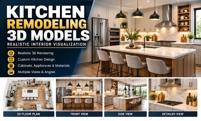 create kitchen remodeling 3d models, realistic interior visualisation