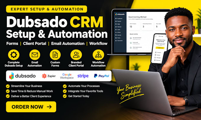 set up dubsado CRM, workflows, forms, automation and client portal