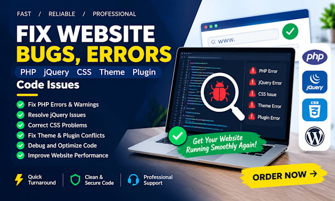 fix website bugs, errors PHP jquery CSS theme plugin code issues