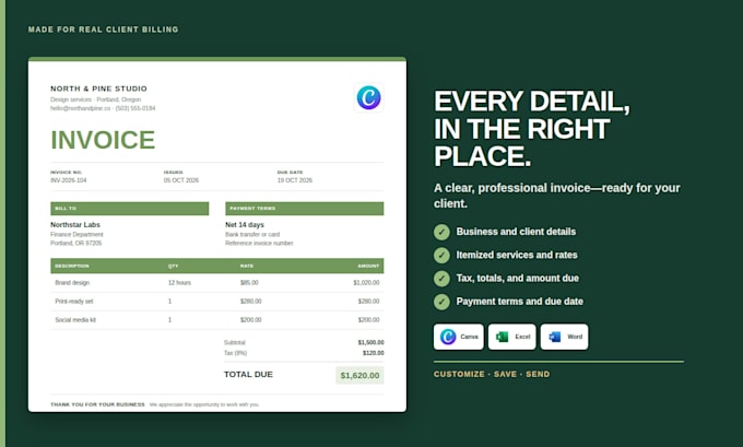 create invoice templates in canva, excel, and word for your business