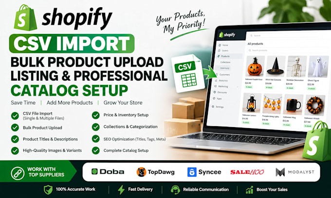 do shopify CSV import bulk product upload listing and professional catalog setup