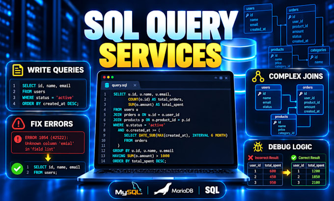 write, fix and debug mysql sql queries