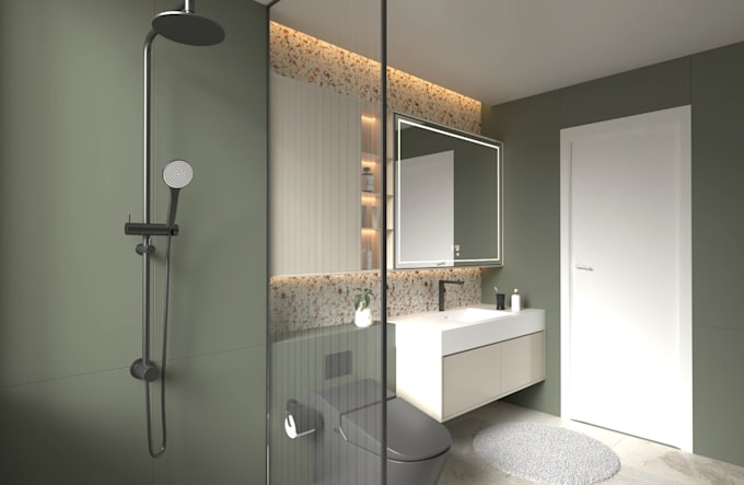 redesign bathroom interior,3d layout render,modern vanity,walk in shower,cgi spa