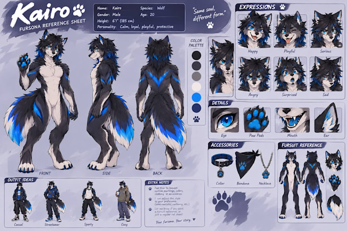 create a custom fursona, anthro oc, furry ref sheet, or fursuit reference