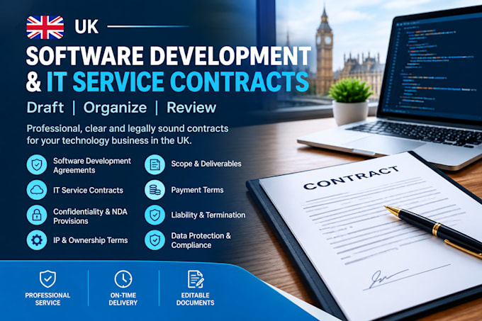 draft, organize and review UK software development and IT service contracts