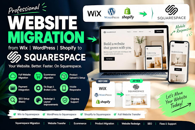 migrate wix wordpress shopify website to squarespace and fix ecommerce issues
