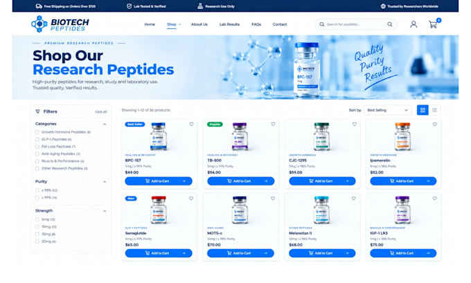 build premium compliant shopify peptide website, research peptide store with coa