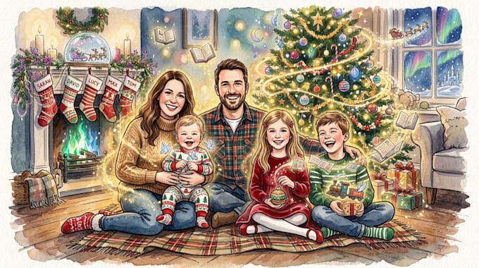 llustrate magical christmas scenes, characters