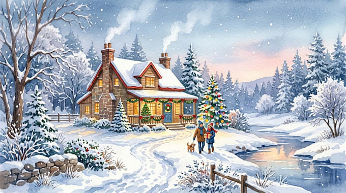 create a watercolor christmas house and winter landscape