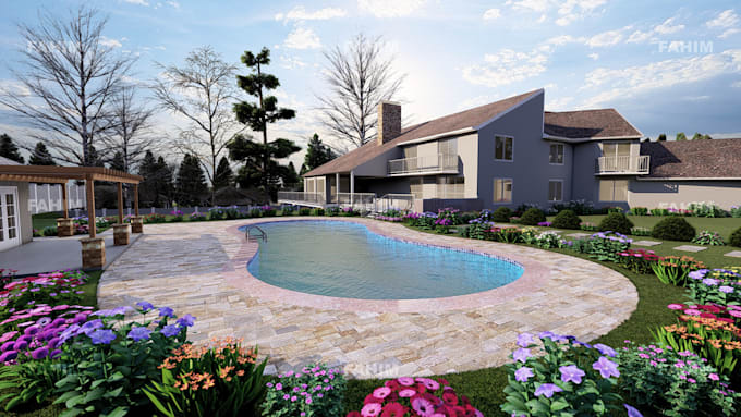 design swimming pool, pool plans, 3d rendering, landscape and backyard