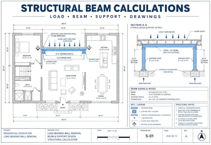 design load bearing wall removal plans beam calculations and structural drawings