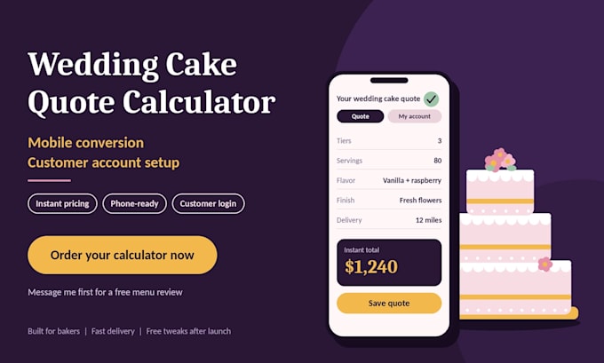 design wedding cake quote calculator  mobile conversion customer account setup