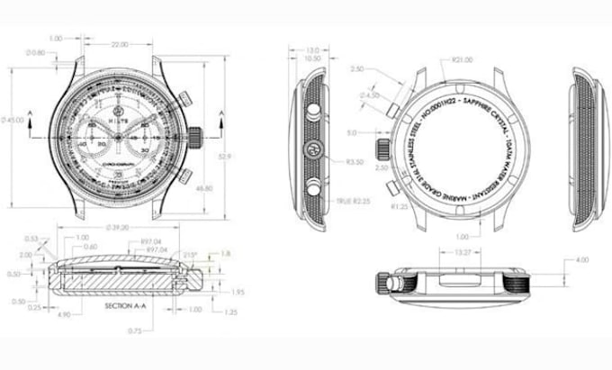 design custom watch 3d cad, technical drawings and manufacturing files