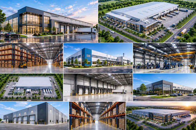 do 3d industrial building, 3d warehouse design, factory architecture, 3d render