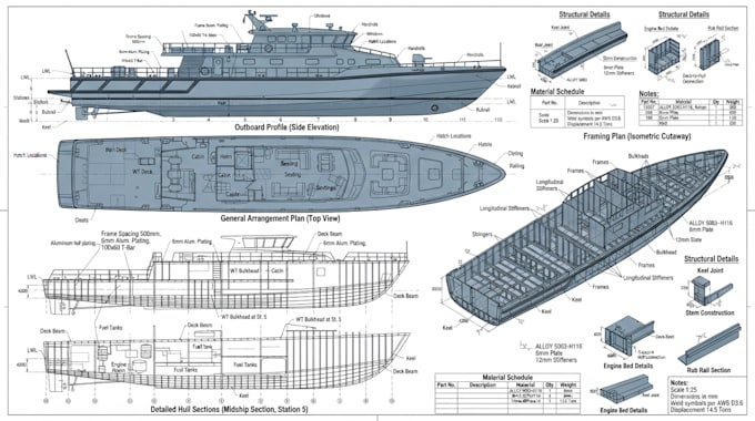 draw boat construction plans, material lists, and marine cad drawing
