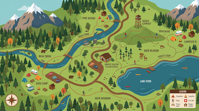 design hiking map, trail map, park map, camping and adventure map