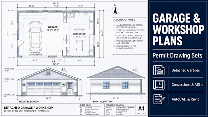 draw detached garage plans and workshop permit drawings