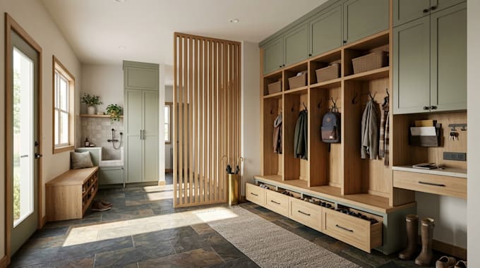 create 3d interior mudroom layouts, custom storage and wood partitions