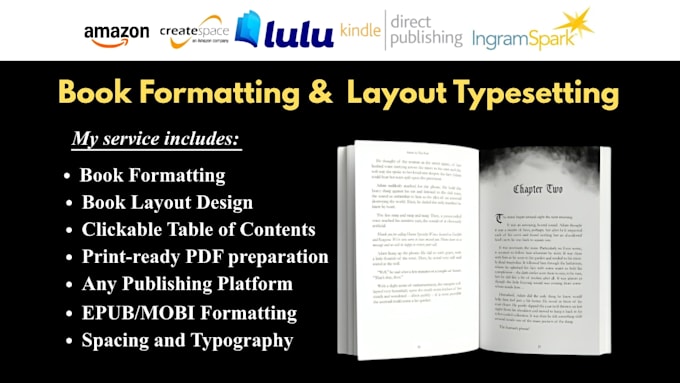 do book layout typesetting for lulu, kdp, ingramspark, print or ebook formatting