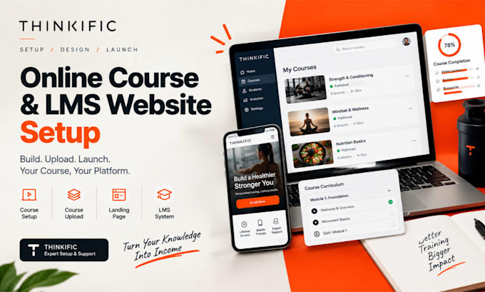 build thinkific website, online course setup, course upload, landing page lms