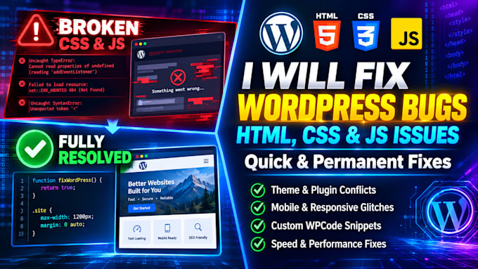 fix wordpress bugs, HTML, CSS, javascript issues