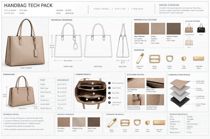 create a clear handbag tech pack with measurements and production details
