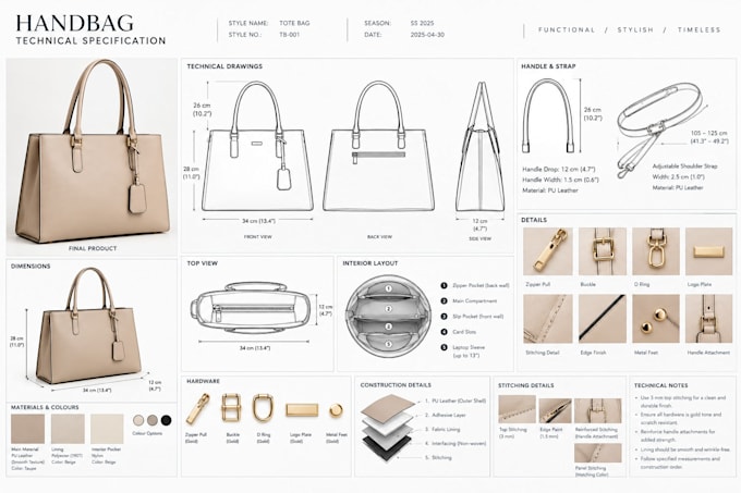 create detailed handbag technical drawings with measurements