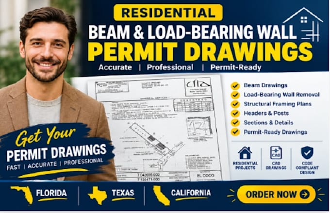 prepare structural residential beam, load bearing wall permit drawings in fl ca