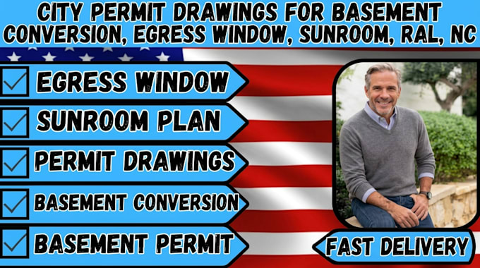 do city permit drawings for basement conversion, egress window, sunroom, ral, nc