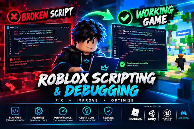 fix roblox bugs, luau scripts, game systems,  uefn verse gameplay errors