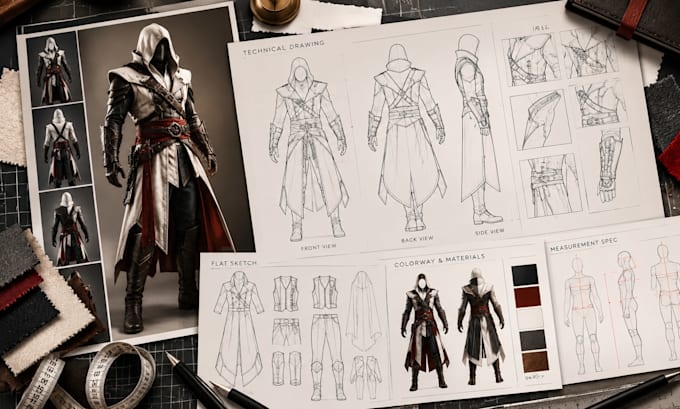 professional costume techanical drawing ,tech pack for cosplay character outfits