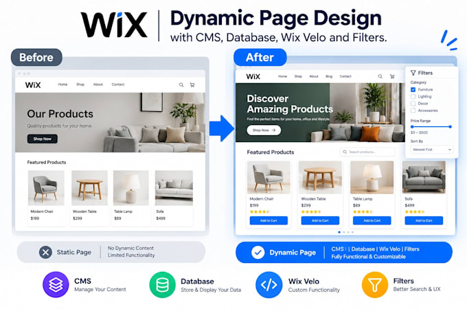 design wix dynamic pages with cms, database, filters and wix velo