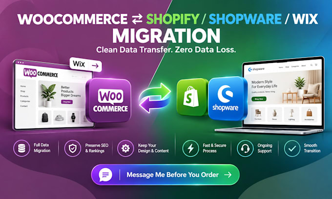 migrate wordpress woocommerce to shopify, shopware or wix to woocommerce