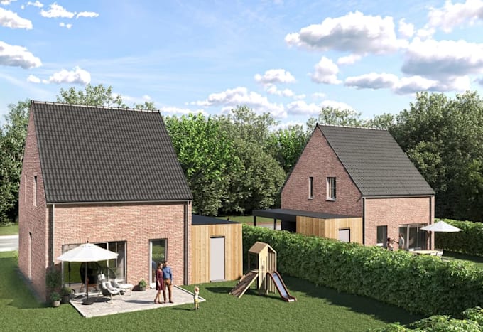 visualize3d single family residence,rooftop solar panel,brick cladding rendering