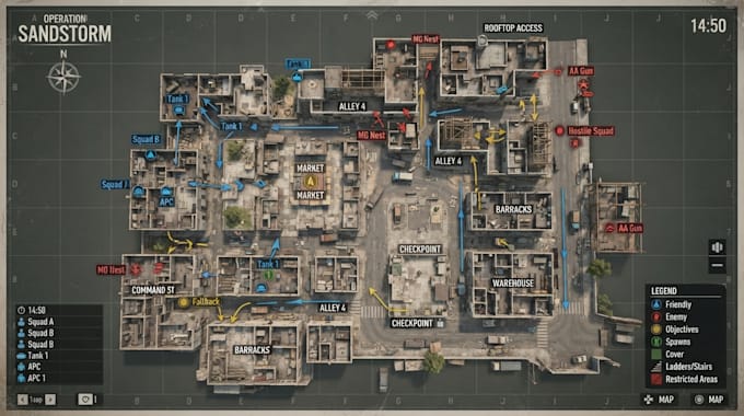 create 3d fps game map, 3d tactical military map, unreal engine map, fps level
