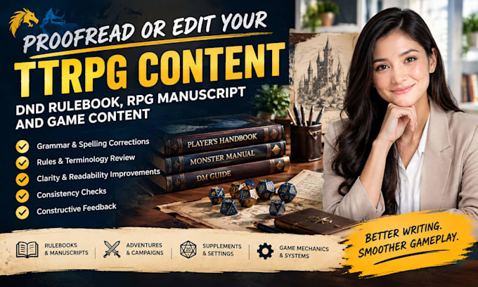 proofread or edit your ttrpg content, dnd rulebook, manuscript and game content