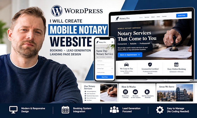 mobile notary wordpress website booking lead generation landing page design