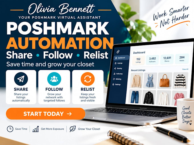 poshmark closet listing  sharing, follower growth and virtual assistant services