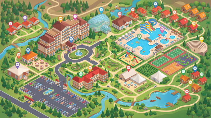 design custom illustrated hotel map, resort map, tourist map, visitor guide map